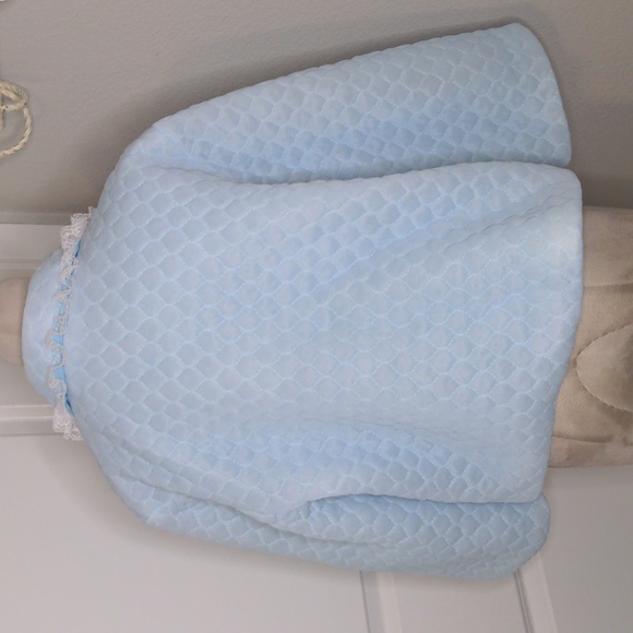 Vintage 60s Light Blue Quilted Bed Jacket Lace Trim Coquette Sleepwear SZ Med - Picture 7 of 8